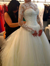 Long Sleeve A-Line Jewel Neck Court Train Lace Tulle Wedding Dresses-showprettydress