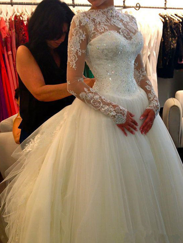 Long Sleeve A-Line Jewel Neck Court Train Lace Tulle Wedding Dresses-showprettydress