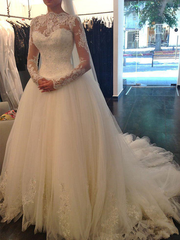 Long Sleeve A-Line Jewel Neck Court Train Lace Tulle Wedding Dresses-showprettydress