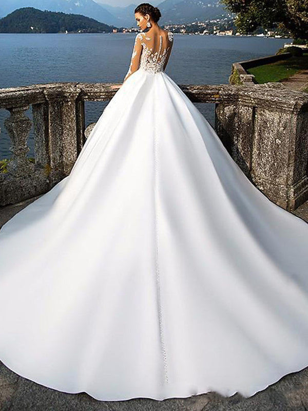 Long Sleeve A-Line Jewel Neck Court Train Satin Wedding Dresses-showprettydress