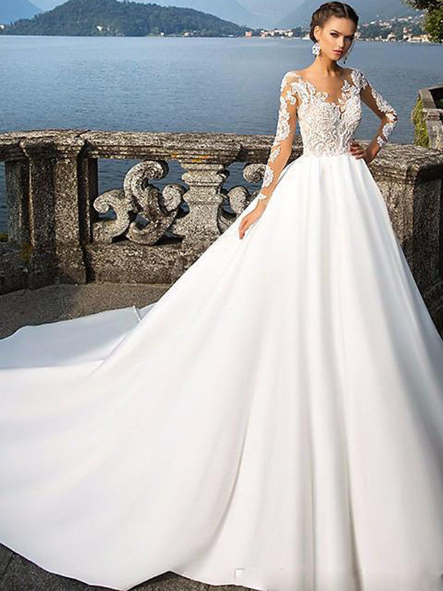 Long Sleeve A-Line Jewel Neck Court Train Satin Wedding Dresses-showprettydress