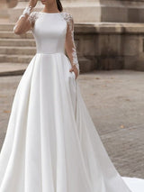 Long Sleeve A-Line Jewel Neck Sweep Brush Train Lace Satin Wedding Dresses with Pockets-showprettydress