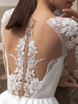 Long Sleeve A-Line Jewel Neck Sweep Brush Train Lace Satin Wedding Dresses with Pockets-showprettydress