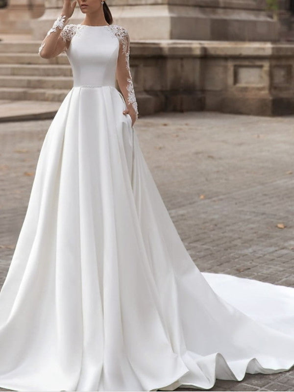 Long Sleeve A-Line Jewel Neck Sweep Brush Train Lace Satin Wedding Dresses with Pockets-showprettydress