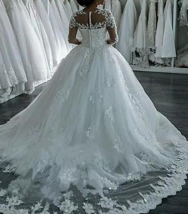 Long Sleeve A-Line Jewel Neck Sweep Brush Train Lace Tulle Wedding Dresses-showprettydress