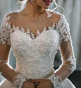 Long Sleeve A-Line Jewel Neck Sweep Brush Train Lace Tulle Wedding Dresses-showprettydress