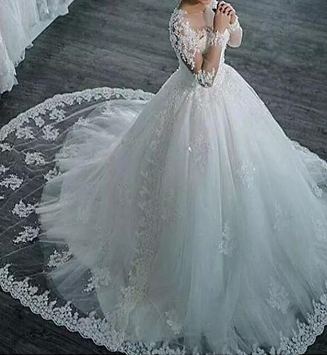 Long Sleeve A-Line Jewel Neck Sweep Brush Train Lace Tulle Wedding Dresses-showprettydress
