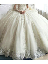 Long Sleeve A-Line Scoop Neck Court Train Organza Wedding Dresses-showprettydress