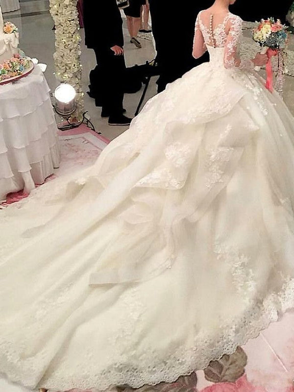 Long Sleeve A-Line Scoop Neck Court Train Organza Wedding Dresses-showprettydress