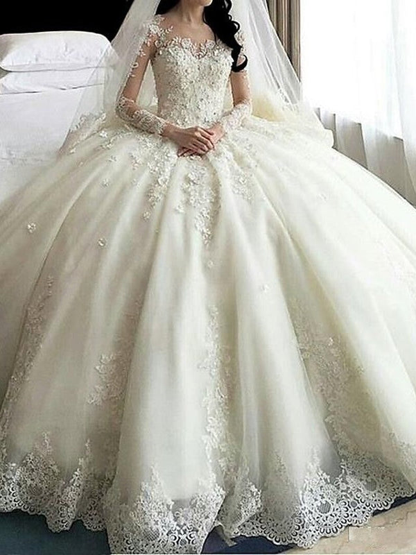 Long Sleeve A-Line Scoop Neck Court Train Organza Wedding Dresses-showprettydress