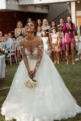 Long Sleeve A-line Sweetheart Tulle Lace Wedding Dress-showprettydress