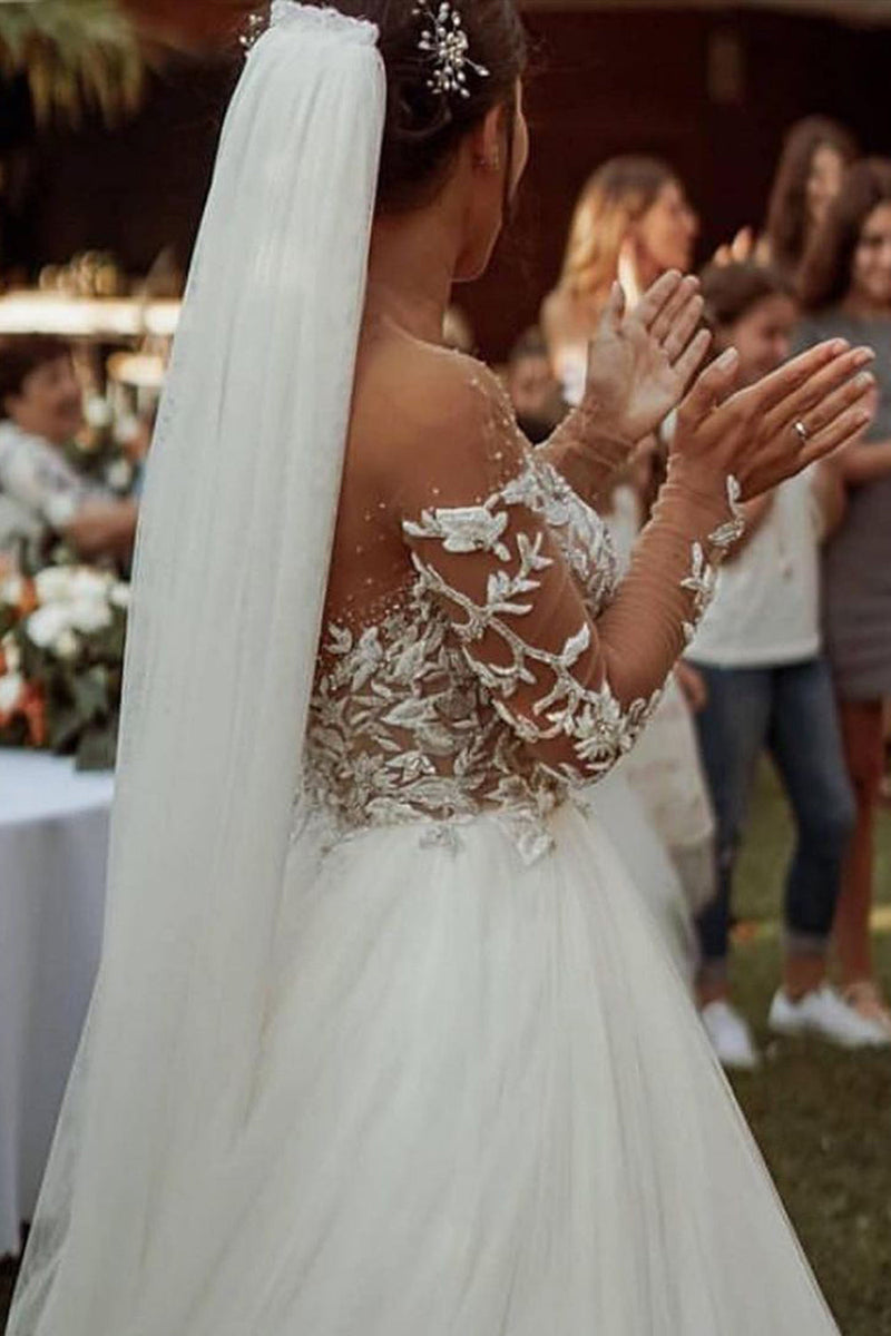 Long Sleeve A-line Sweetheart Tulle Lace Wedding Dress-showprettydress