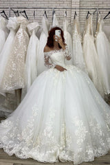 Long Sleeve Ball Gown Off The Shoulder Illusion Wedding Dress-showprettydress