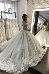 Long Sleeve Ball Gown Off The Shoulder Illusion Wedding Dress-showprettydress