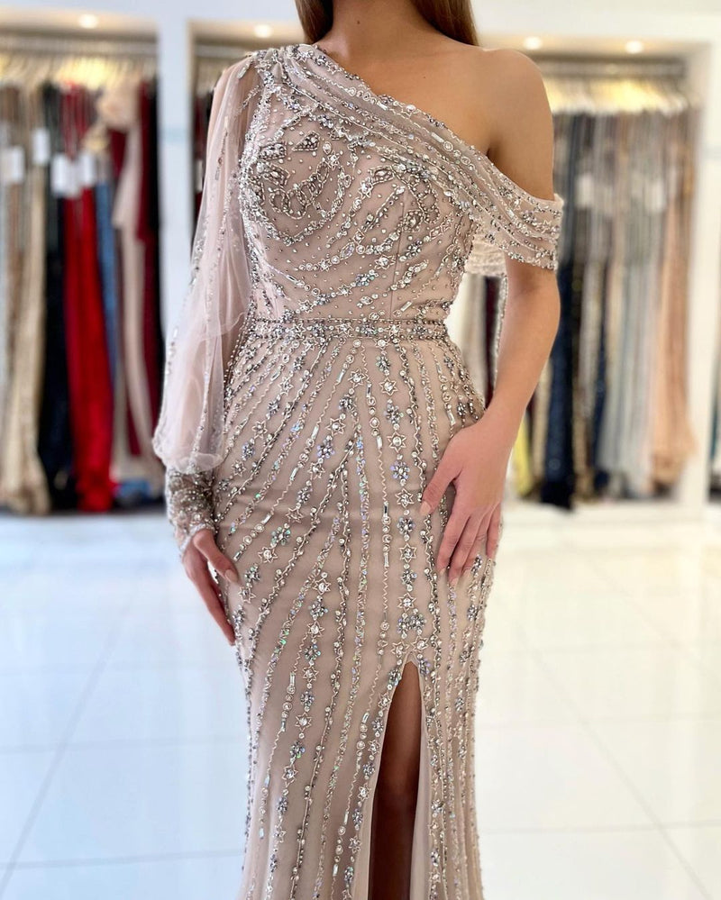 Long Sleeve Beadings Prom Dress with Sleeves Long Mermaid Evening Gowns With Slit-showprettydress