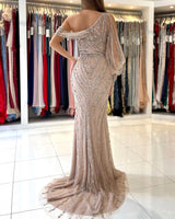 Long Sleeve Beadings Prom Dress with Sleeves Long Mermaid Evening Gowns With Slit-showprettydress