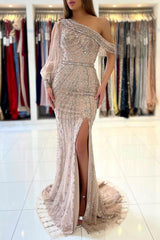Long Sleeve Beadings Prom Dress with Sleeves Long Mermaid Evening Gowns With Slit-showprettydress