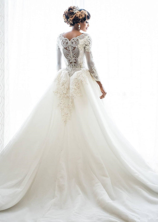 Long Sleeve Mermaid Beads Lace Appliques Wedding Dresses with Overskirt-showprettydress