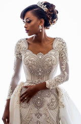 Long Sleeve Mermaid Beads Lace Appliques Wedding Dresses with Overskirt-showprettydress