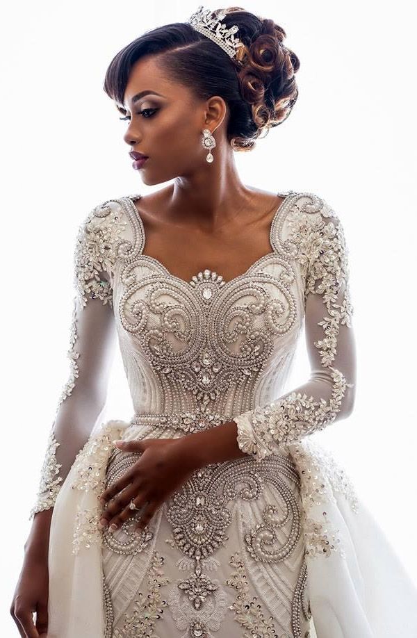 Long Sleeve Mermaid Beads Lace Appliques Wedding Dresses with Overskirt-showprettydress