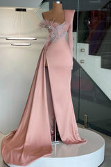 Long Sleeve Mermaid One Shoulder Prom Dress Long Evening Gowns With Slit-showprettydress