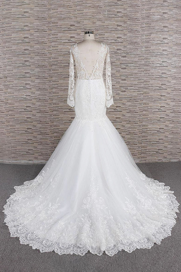 Long Sleeve Mermaid Sweetheart Appliques Lace Backless Wedding Dress-showprettydress