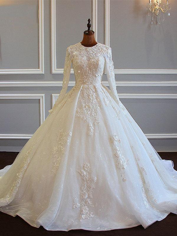 Long Sleeved Ball Gown Satin Wedding Dresses With Lace Flowers-showprettydress