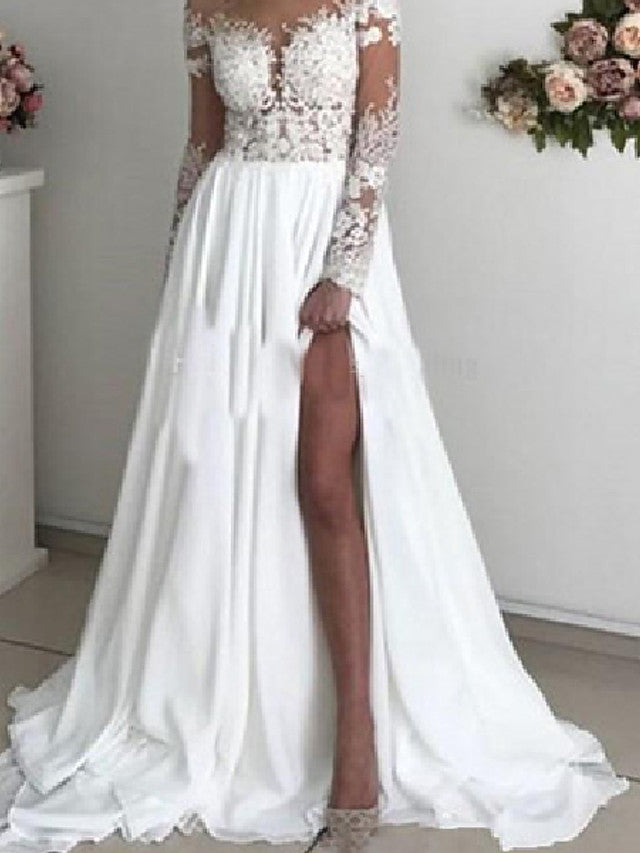 Long Sleeves A-Line Off the Shoulder Chiffon Wedding Dresses with Slit-showprettydress