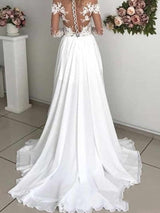 Long Sleeves A-Line Off the Shoulder Chiffon Wedding Dresses with Slit-showprettydress