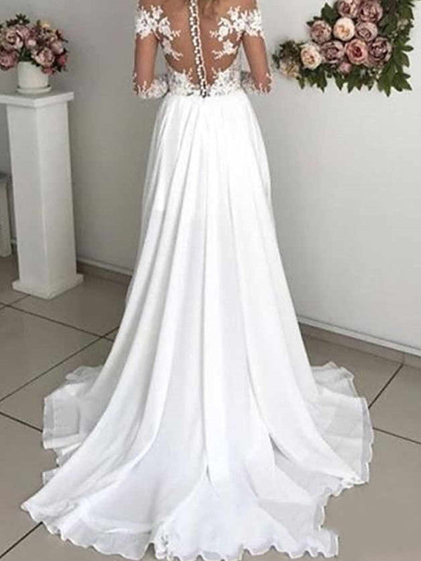 Long Sleeves A-Line Off the Shoulder Chiffon Wedding Dresses with Slit-showprettydress