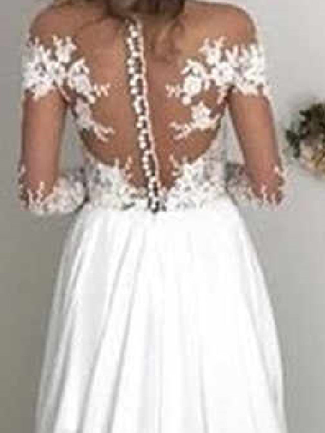 Long Sleeves A-Line Off the Shoulder Chiffon Wedding Dresses with Slit-showprettydress