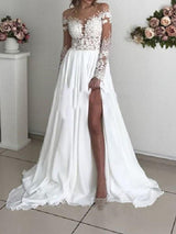 Long Sleeves A-Line Off the Shoulder Chiffon Wedding Dresses with Slit-showprettydress
