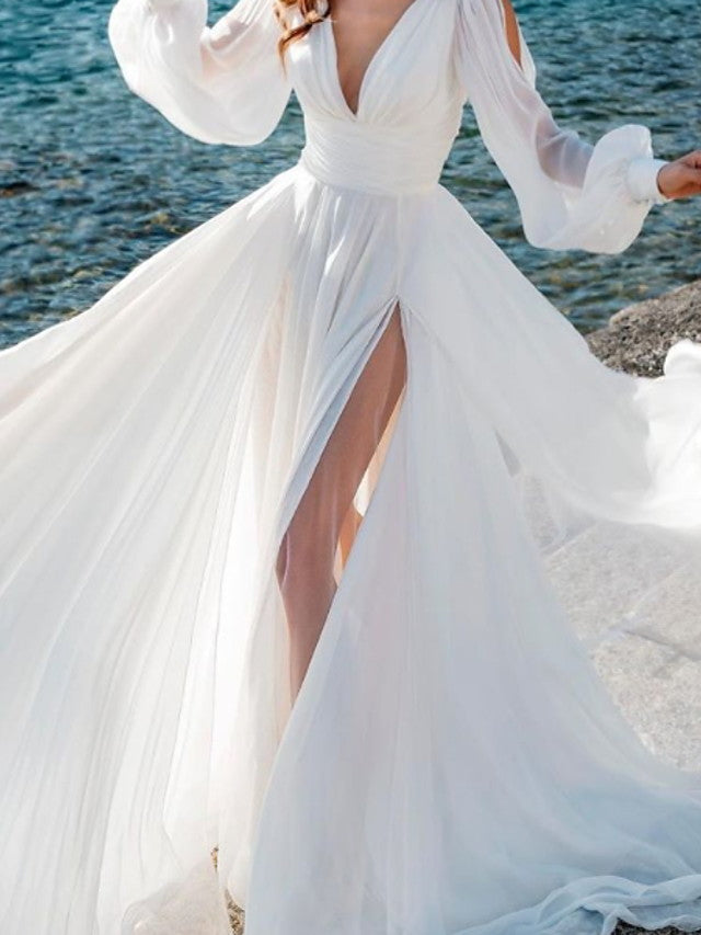 Long Sleeves A-Line V Neck Sweep Brush Train Chiffon Wedding Dresses with Slit-showprettydress