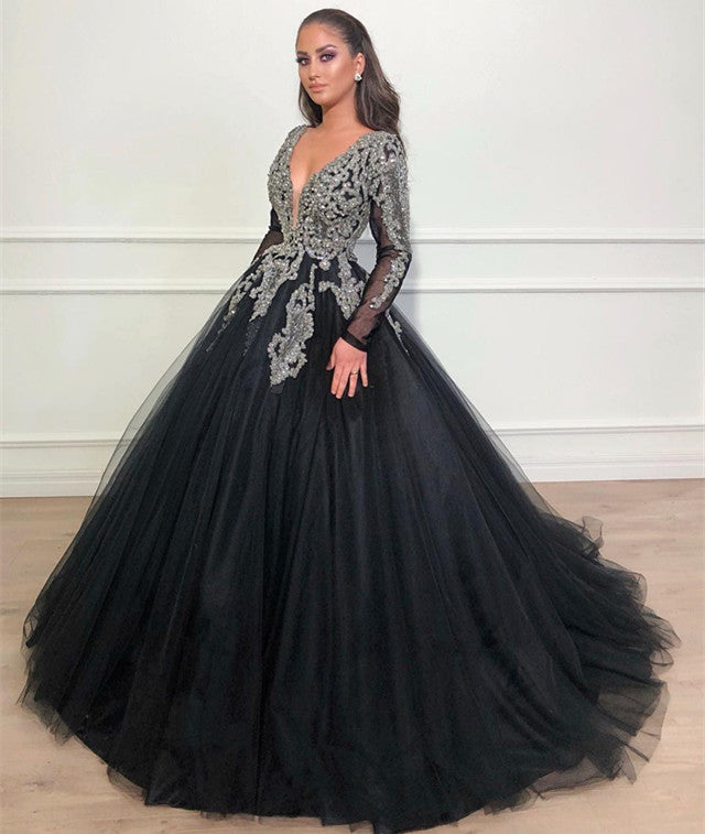 Long Sleeves Ball Gown Prom Dress Sequins Black V-Neck Long Tulle-showprettydress