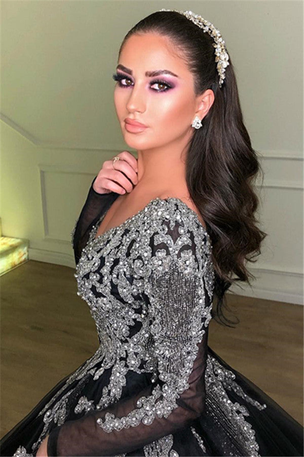 Long Sleeves Ball Gown Prom Dress Sequins Black V-Neck Long Tulle-showprettydress
