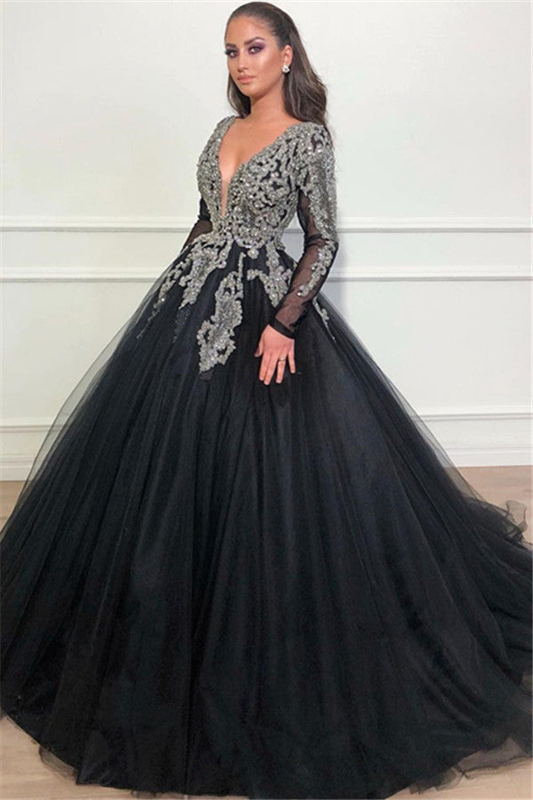 Long Sleeves Ball Gown Prom Dress Sequins Black V-Neck Long Tulle-showprettydress