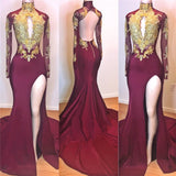 Long Sleeves High Collar Mermaid Prom Dress Sequins Long Chiffon Burgundy Backless With Split-showprettydress