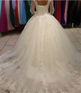 Long Sleeves Lace Ball Gown Wedding Dress Tulle Sweep Train Bridal Gowns-showprettydress