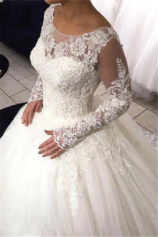 Long Sleeves Lace Ball Gown Wedding Dress Tulle Sweep Train Bridal Gowns-showprettydress
