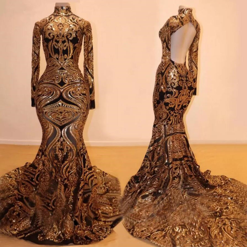 Long Sleeves Mermaid Gold Appliques Open Back Prom Dress-showprettydress