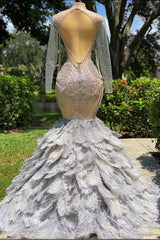 Long Sleeves Mermaid Jewel Lace Sequined Open Back Beading Prom Dress With Feather-showprettydress