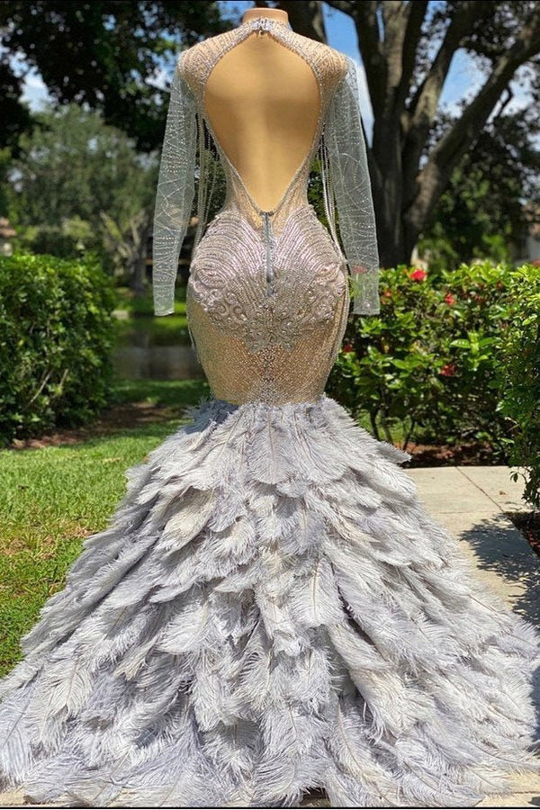 Long Sleeves Mermaid Jewel Lace Sequined Open Back Beading Prom Dress With Feather-showprettydress