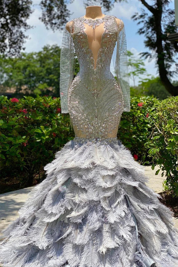 Long Sleeves Mermaid Jewel Lace Sequined Open Back Beading Prom Dress With Feather-showprettydress
