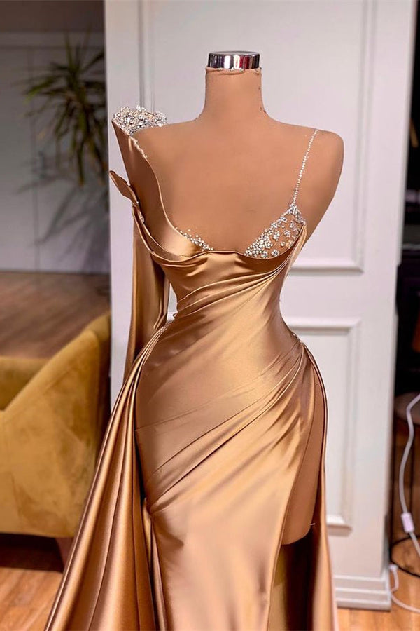 Long Sleeves Mermaid One Shoulder Prom Dress Split With Beads-showprettydress