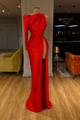 Long Sleeves Mermaid One shoulder Soft pleated Red Prom Dress with Slit-showprettydress