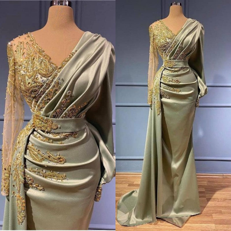 Long Sleeves Mermaid V-Neck Evening Gowns Long Prom Dress With Appliques-showprettydress
