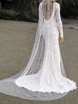 Long Sleeves Mermaid V Neck Lace Wedding Dresses with Slit-showprettydress