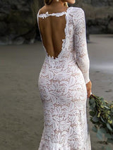 Long Sleeves Mermaid V Neck Lace Wedding Dresses with Slit-showprettydress