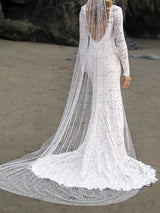 Long Sleeves Mermaid V Neck Lace Wedding Dresses with Slit-showprettydress