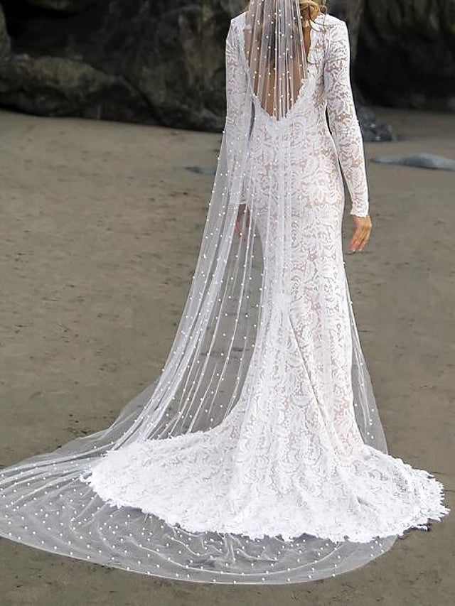 Long Sleeves Mermaid V Neck Lace Wedding Dresses with Slit-showprettydress